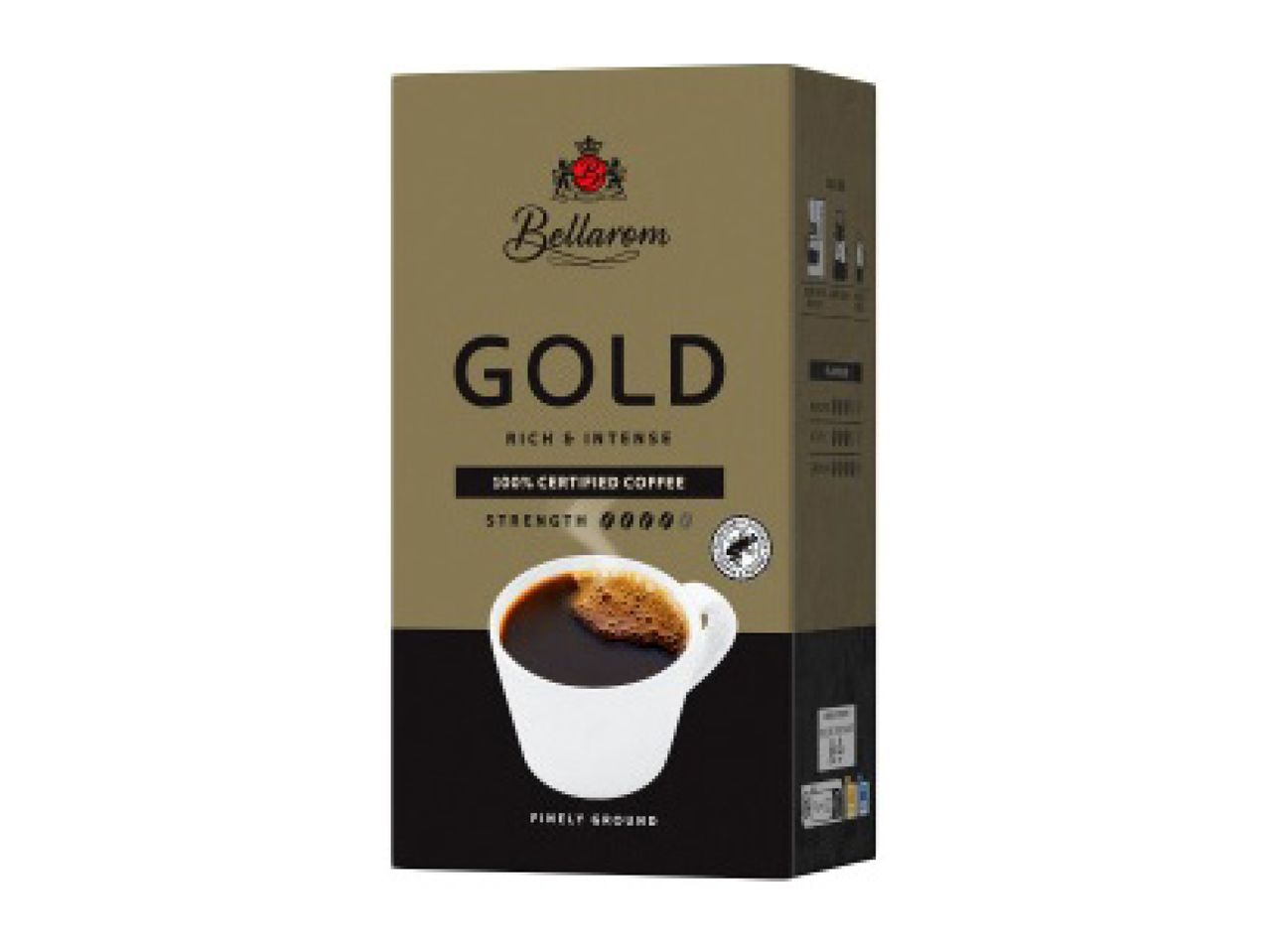 Gold coffee box with a cup of coffee, labeled as rich and intense, finely ground.