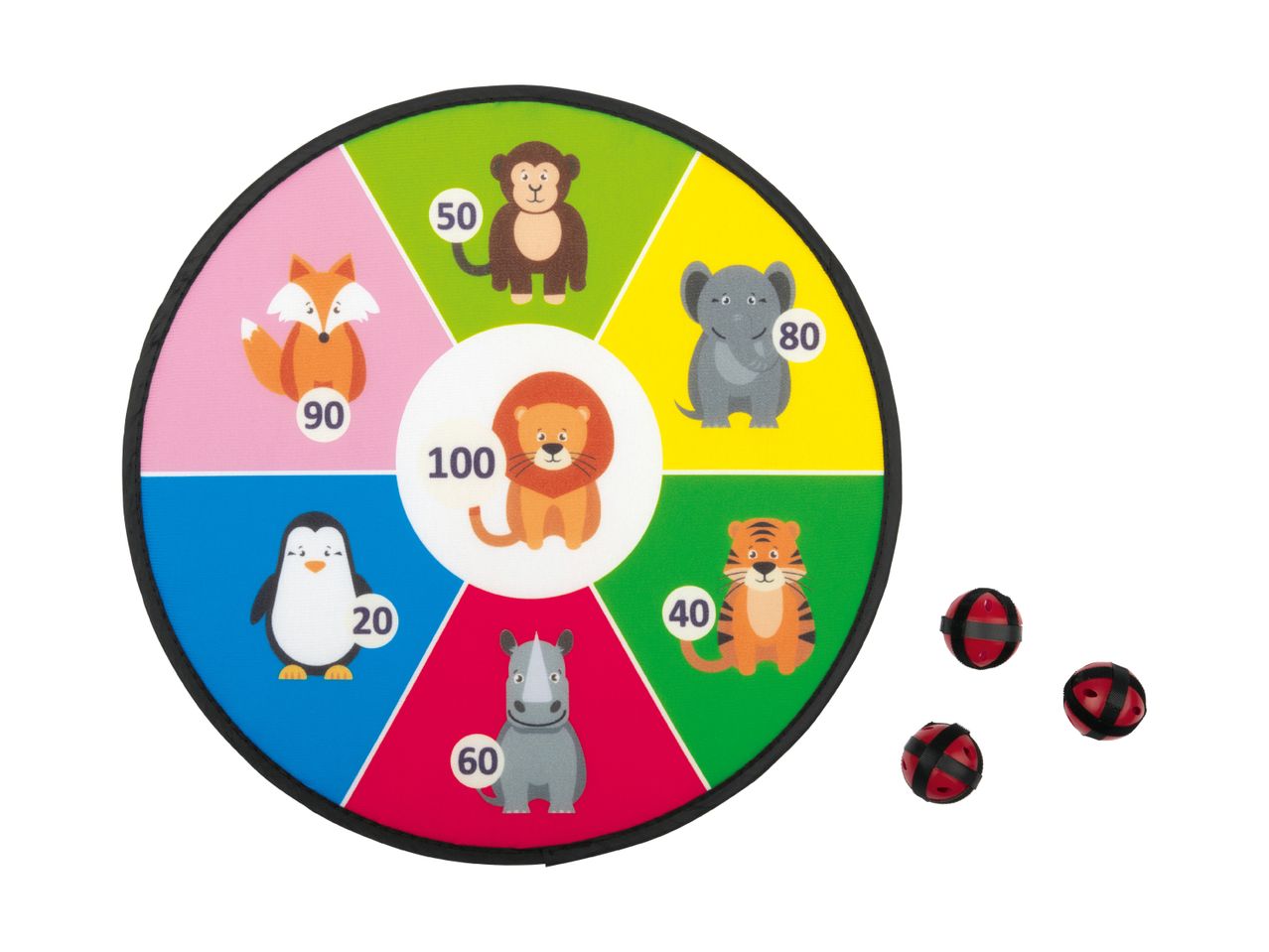 Children's animal-themed dartboard with numbers and three red and black balls.