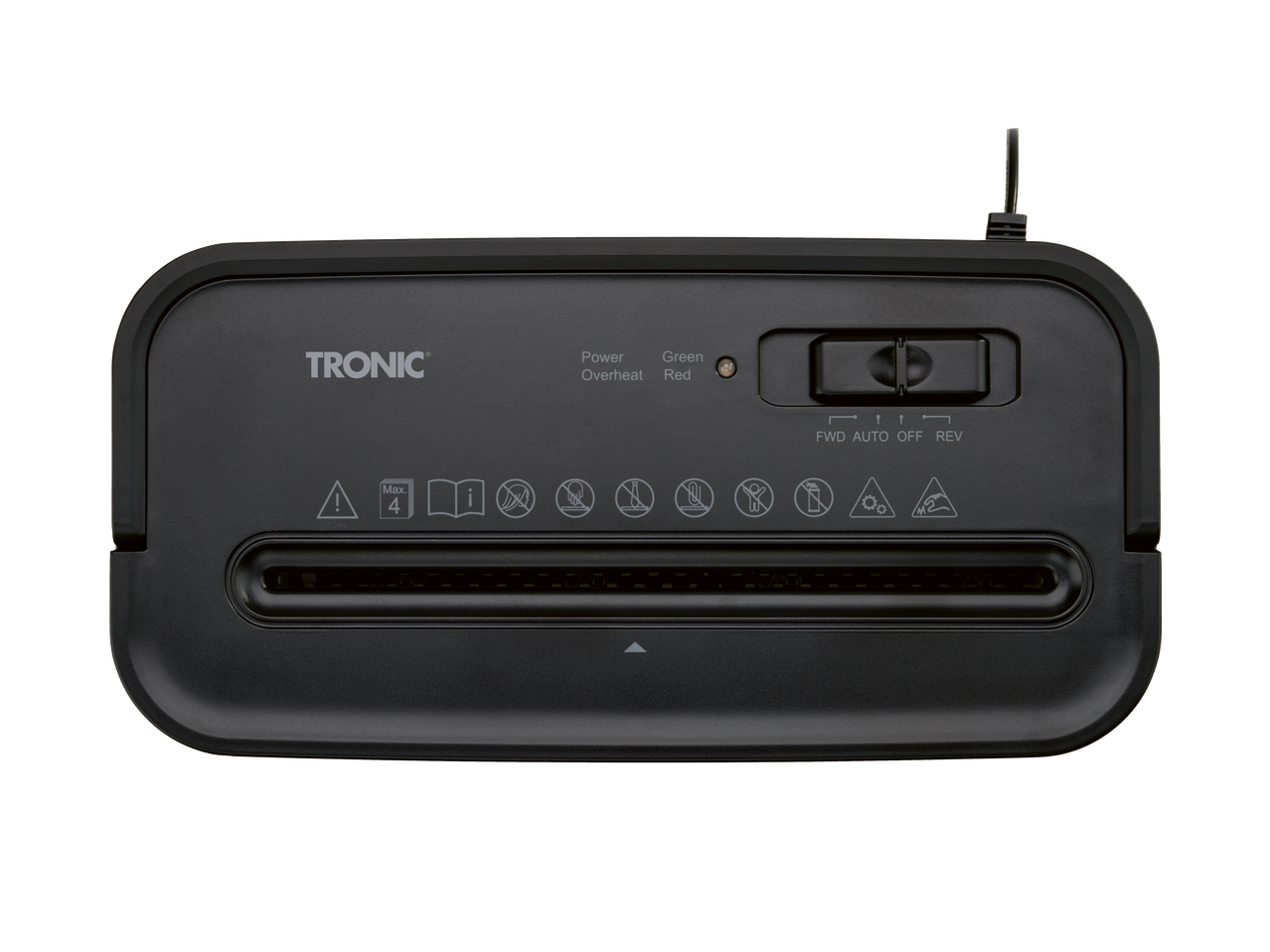 Tronic® papīra smalcinātājs ar vadības paneli un brīdinājuma simboliem.