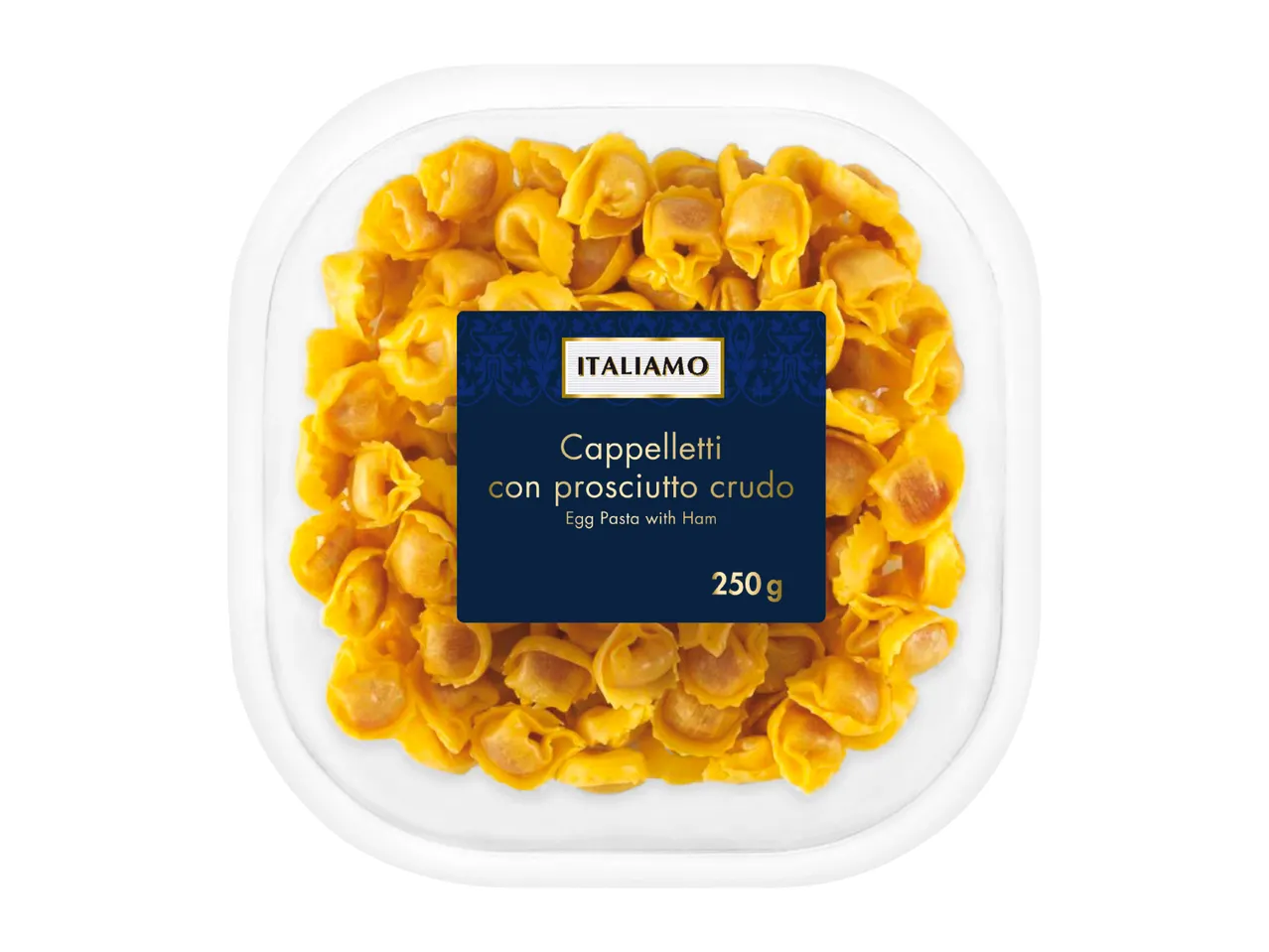 Tray of cappelletti with prosciutto crudo (egg pasta with ham), 250g.