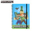 Spiral notebook with Minecraft characters Steve and Alex, a Creeper, and a bat.