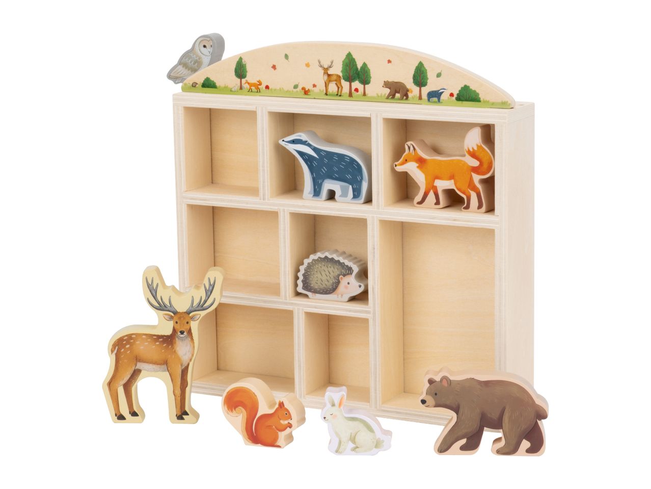 Wooden forest animal toy set with a display shelf, including a deer, fox, badger, and bear.