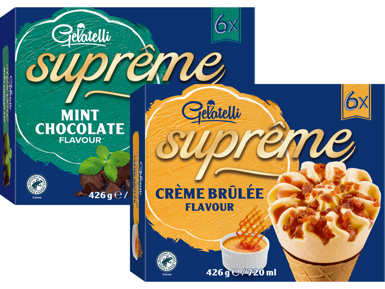 Två förpackningar med Gelatelli Glasstrutar Supreme glass, mintchoklad och crème brûlée.
