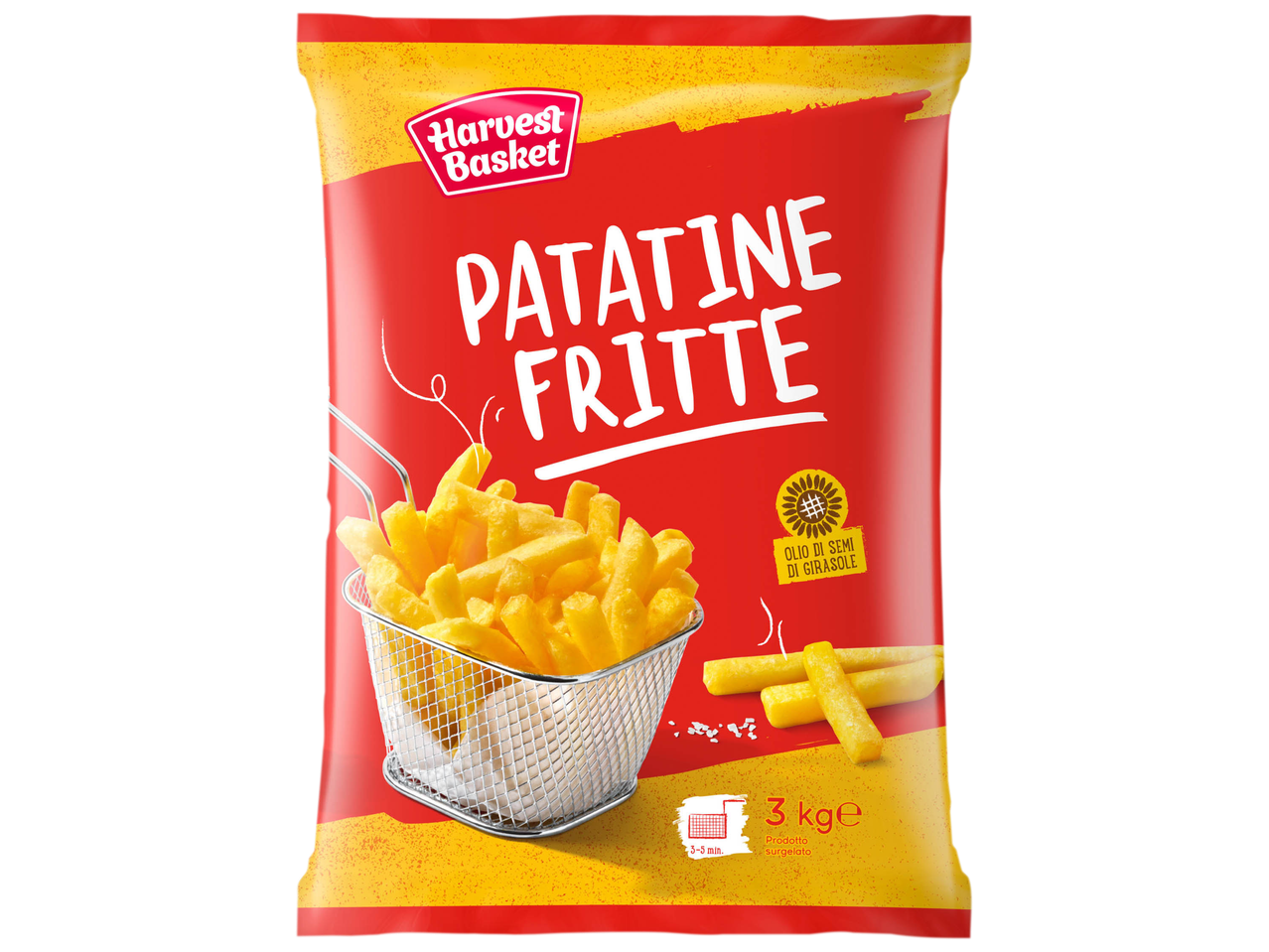 Harvest Basket French fries bag with a frying basket and sunflower oil label.