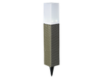 Solar-powered garden light with a white square top and a woven grey base, featuring a ground spike.