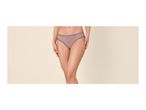 Woman wearing ribbed mauve briefs with lace trim