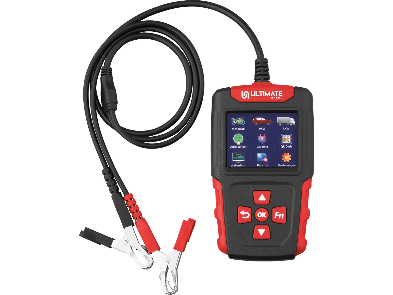 ULTIMATE SPEED batteritestare med display och klämmor för motorcykel, bil och lastbil.