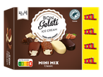 Embalagem de sorvetes Bon Gelati Mini Mix Classic, com quatro palitos em sabores de chocolate, avelã e branco.