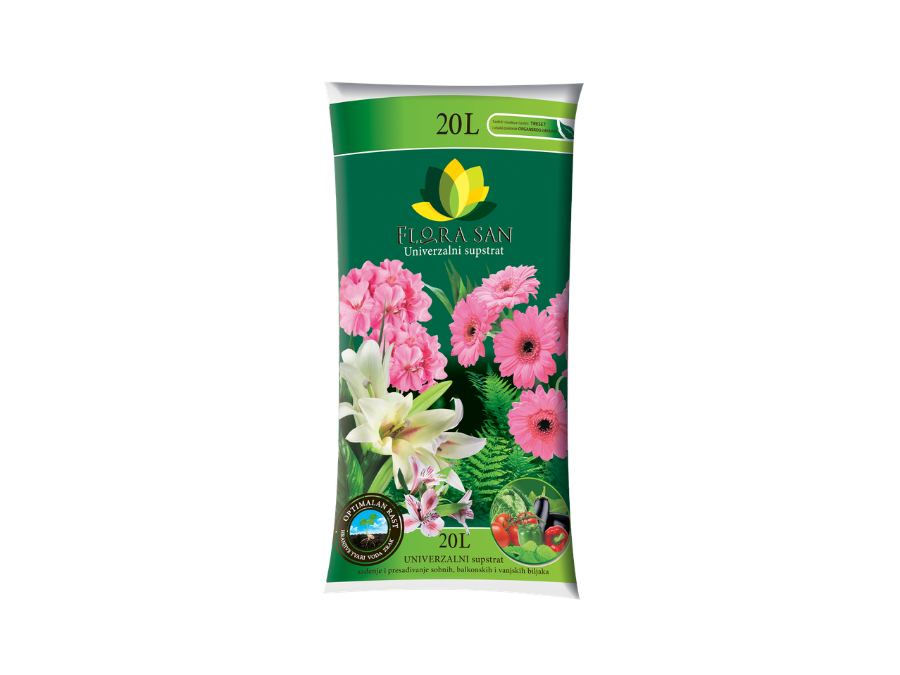 Vreća univerzalnog supstrata za cvijeće i povrće, s natpisom '20L' i 'Optimalan rast'.