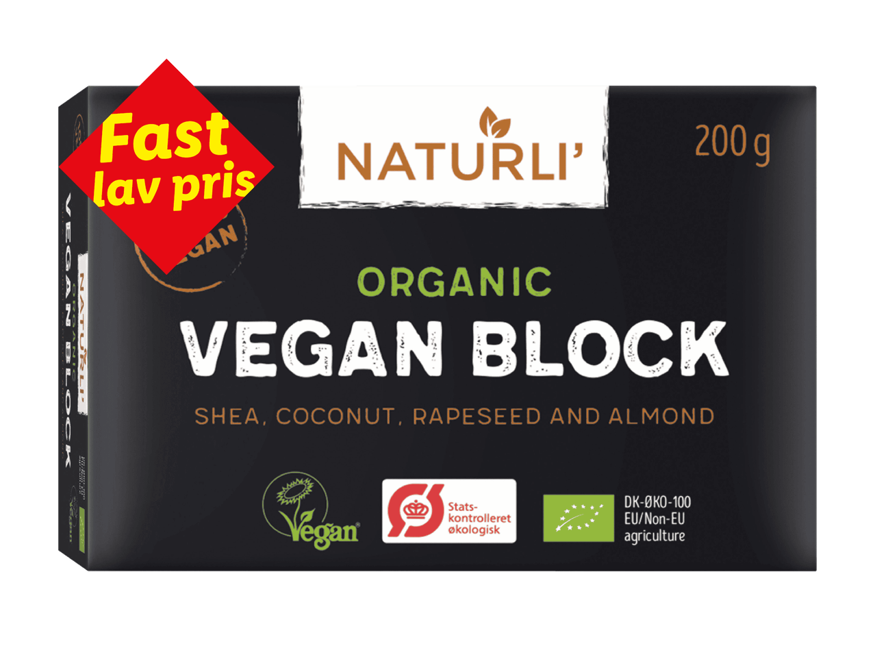 Vegansk blok med shea, kokos, raps og mandel, 200g, økologisk, til fast lav pris.