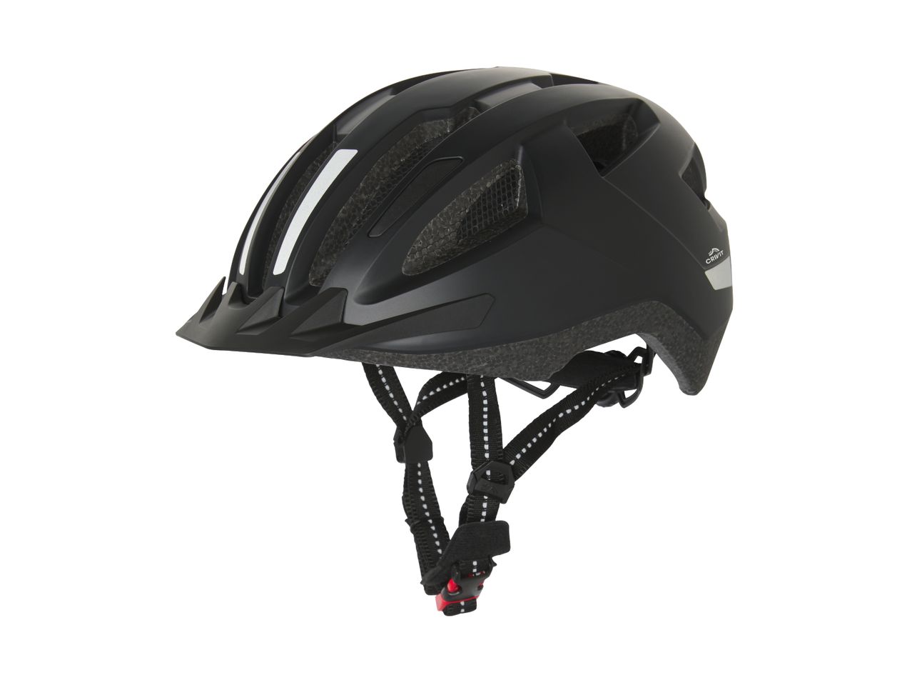Black bicycle helmet with reflective stripes and adjustable straps