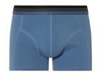 Men's blue cotton boxer shorts with a black waistband.