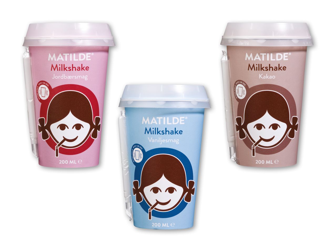 Tre Matilde Milkshake-kopper i jordbær-, vanilje- og kakaosmag.