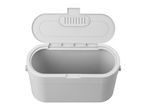 Open grey plastic storage box with lid and handle