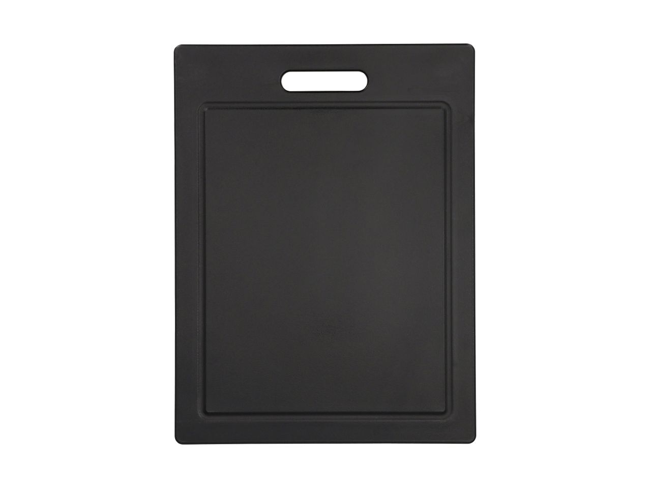 Black rectangular cutting board with a handle cutout and a juice groove
