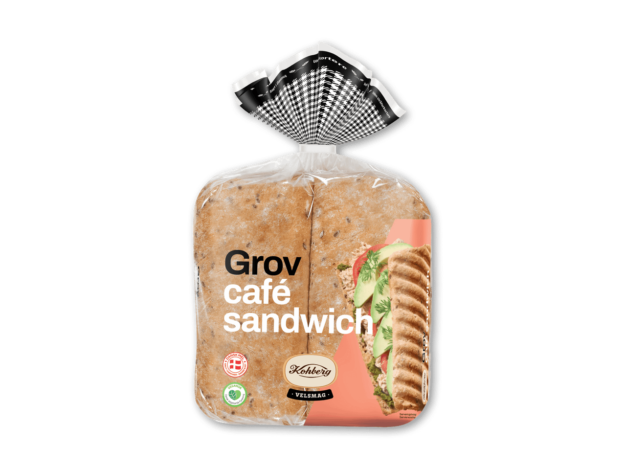 Grov café sandwich i emballage med billede af en sandwich med avocado og tomat.