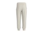 Back view of light beige sweatpants with an elastic waistband and cuffed ankles.