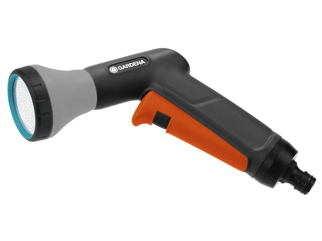 Pistolet d'arrosage ergonomique gris et orange avec pomme d'arrosage.