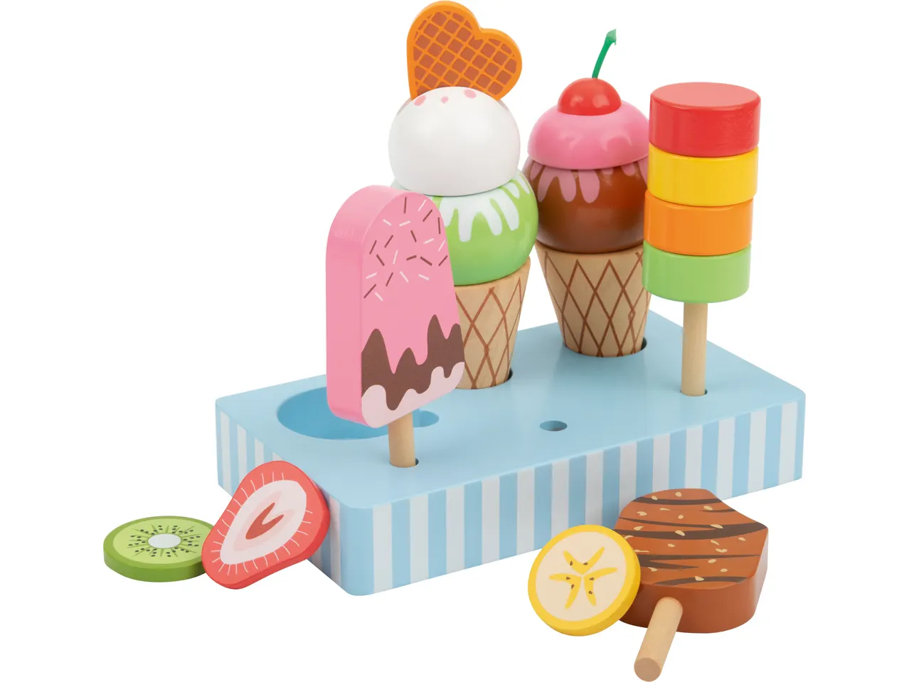 LUPILU® koka rotaļlieta ar saldējuma bumbiņām, saldējumiem uz kociņa un augļiem uz svītraina statīva.