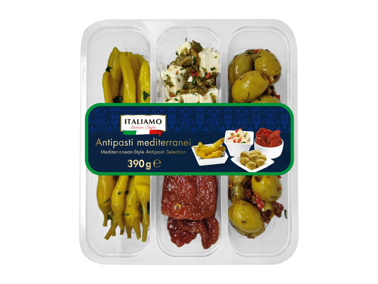 Mediterranean-style antipasti selection with peppers, feta, olives, and sun-dried tomatoes.