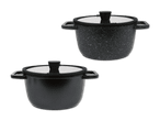 Zwei schwarze Kochtöpfe mit Deckel, einer mit gesprenkelter Oberfläche.