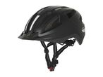 Black bicycle helmet with reflective stripes and adjustable straps.
