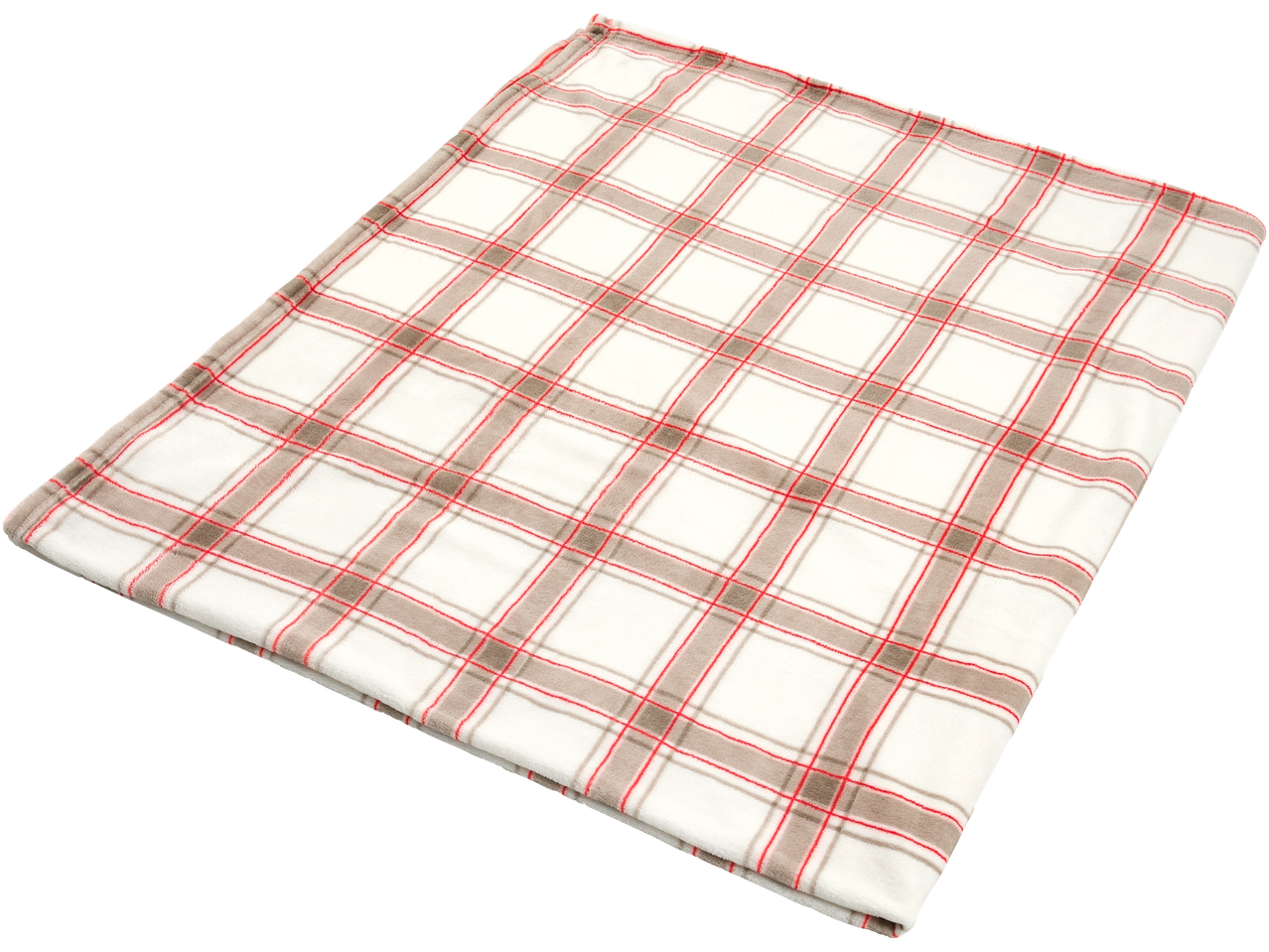 Valge pleed punase ja halli ruudulise mustriga