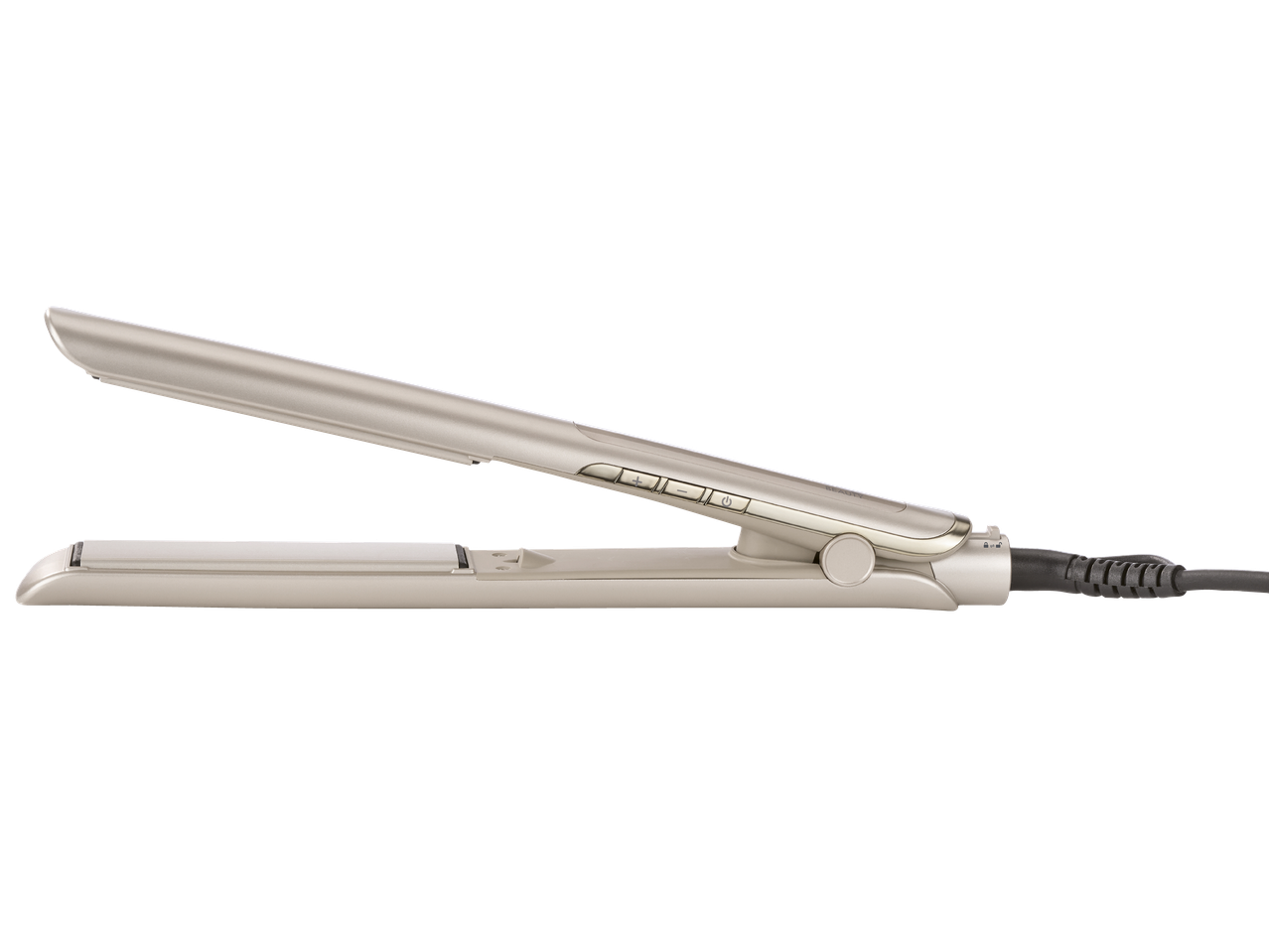 Преса за коса в бежов цвят, отворена, с бутони за управление и кабел