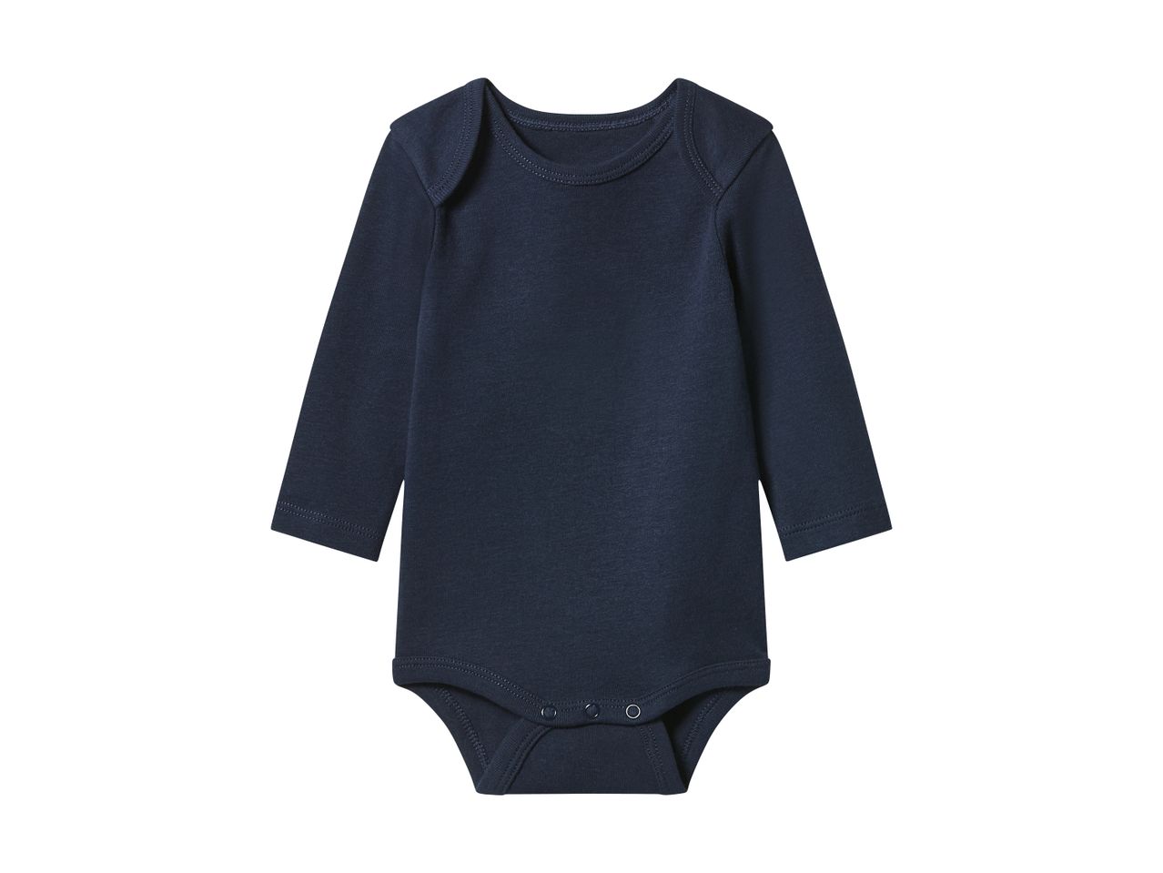 Dark blue long-sleeved baby bodysuit with snap fasteners at the crotch.