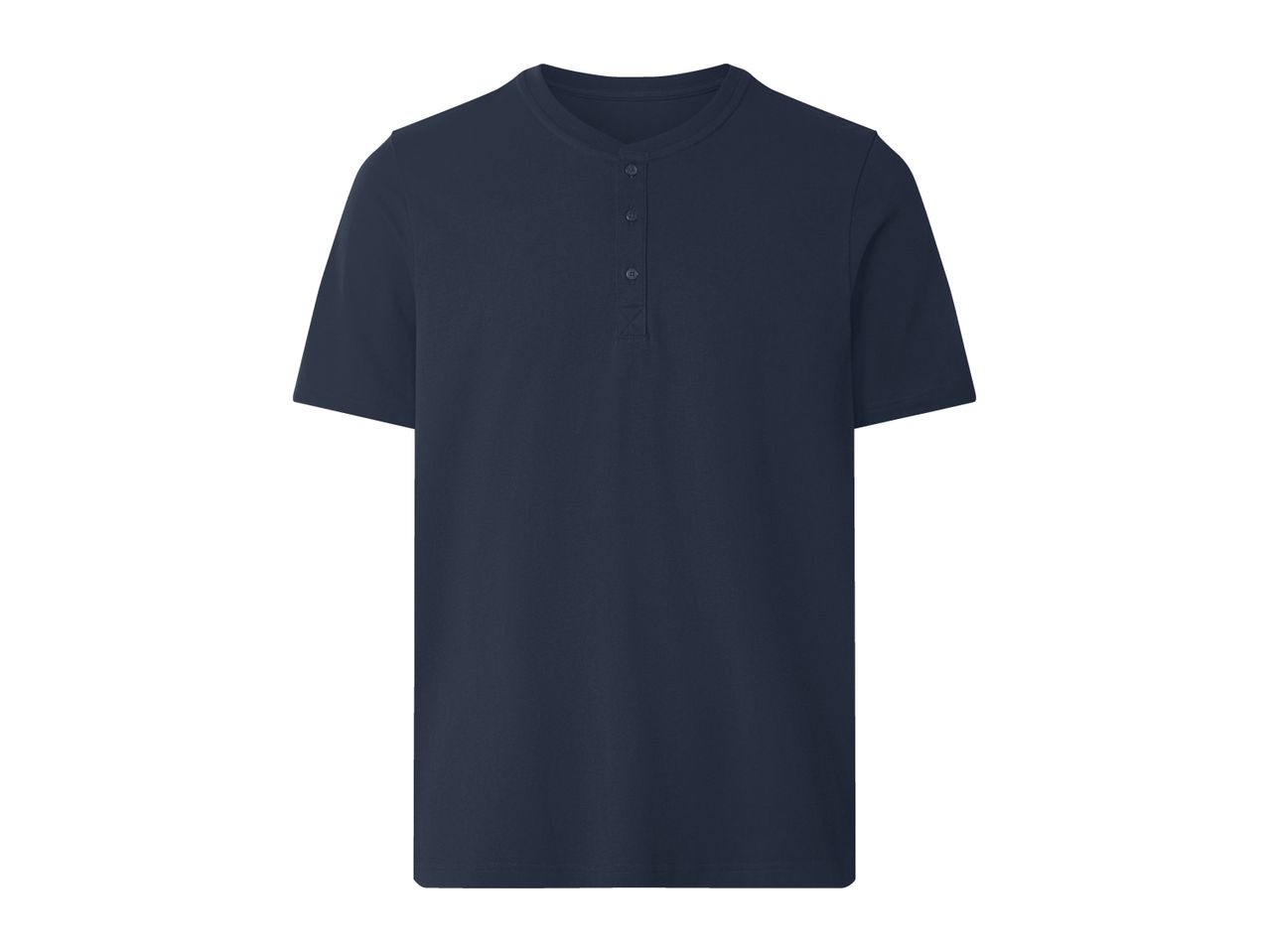 Dark blue men's short-sleeved Henley shirt with three buttons