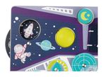 A space-themed activity board with a rocket, astronaut cat, planets, and interactive elements.