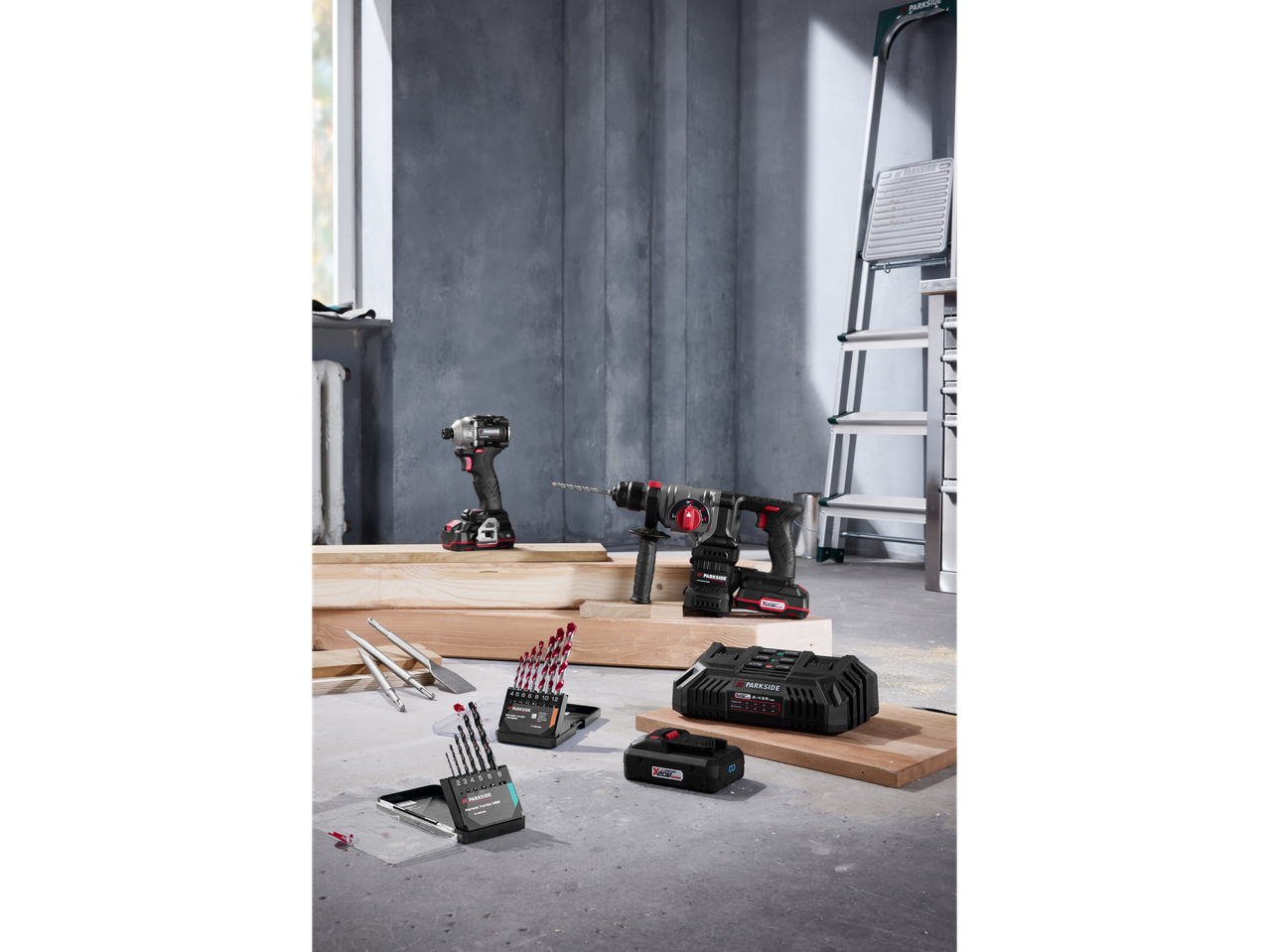 PARKSIDE cordless impact driver, hammer drill, charger, battery, and drill bit sets.