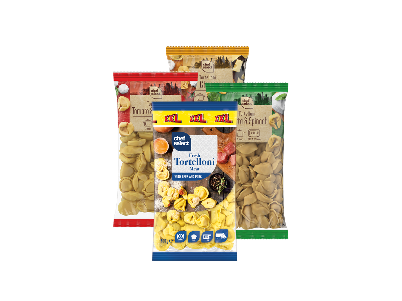 Tri pakiranja Chef Select svježih tortellona: meso, rajčica i sir te ricotta i špinat.