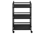 A black metal rolling cart with three shelves.