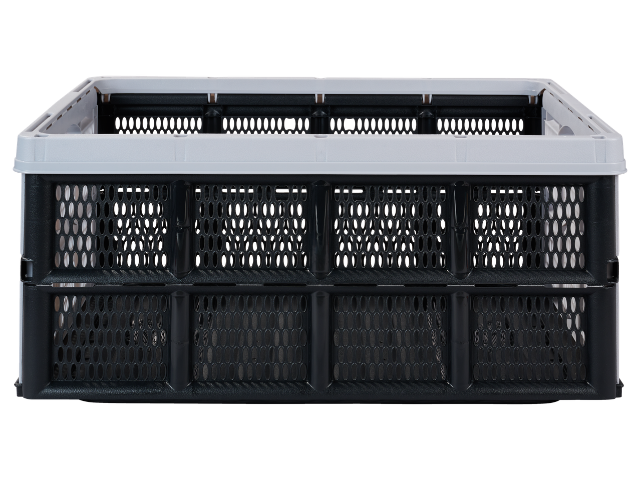 Caixa dobrável de plástico preta e branca com design perfurado