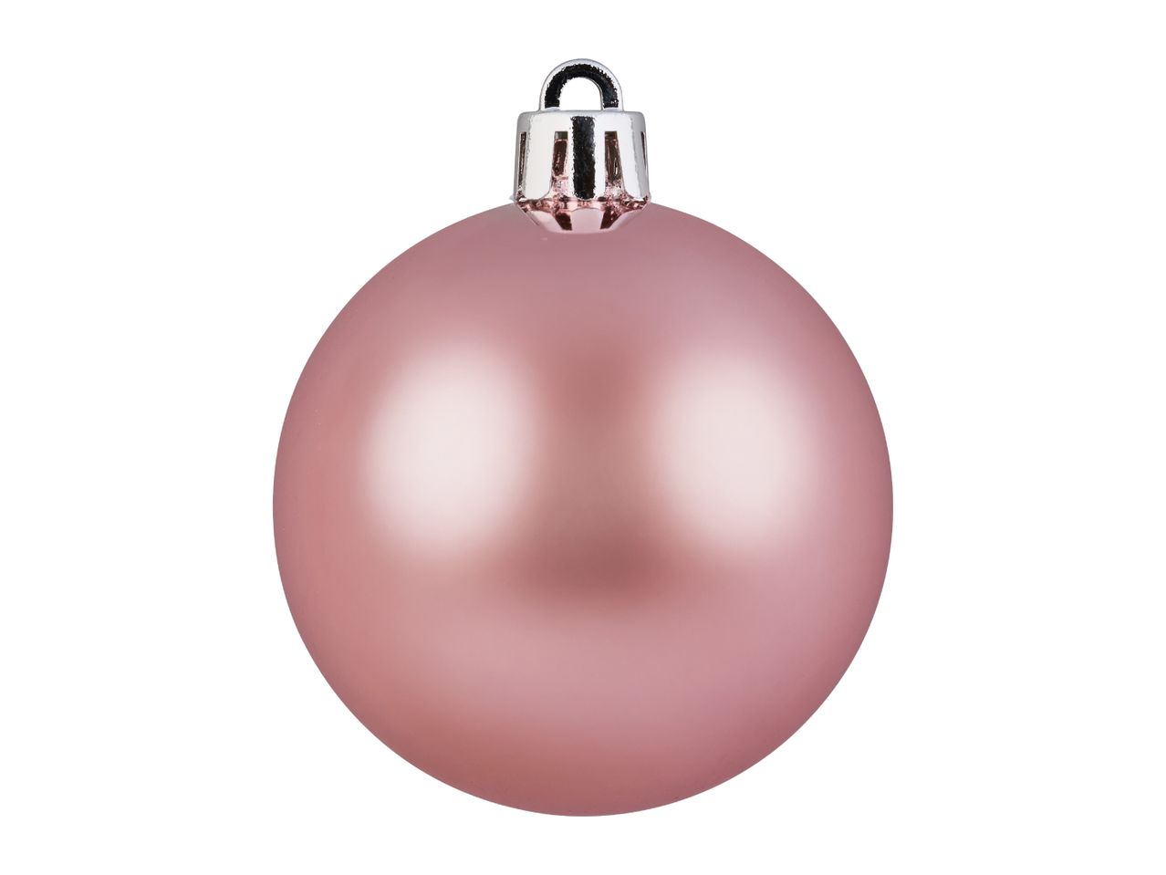 A single matte pink Christmas bauble with a silver cap and loop.