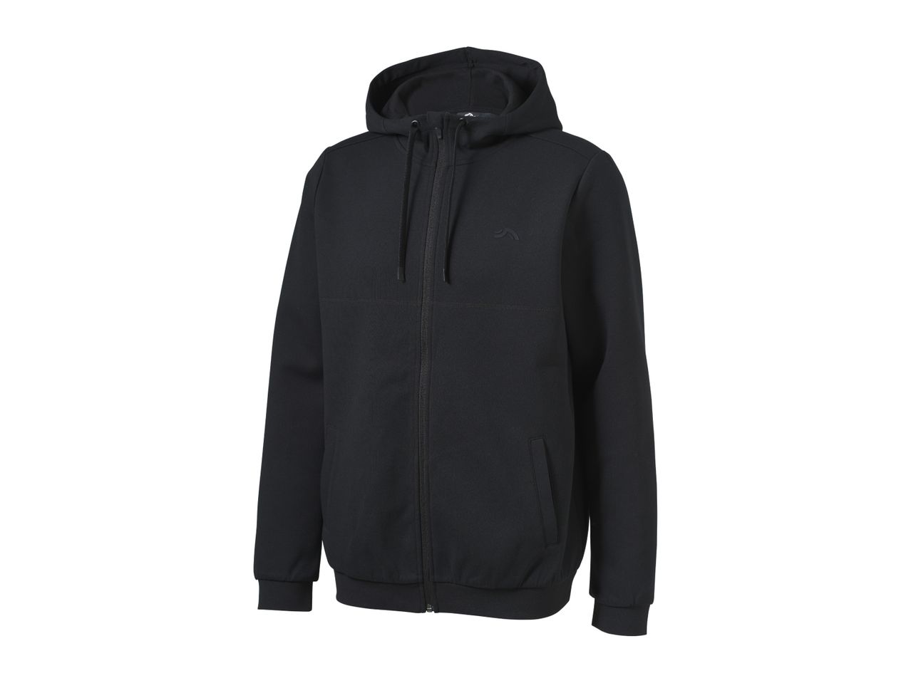 Black full-zip hoodie with a small logo on the chest and front pockets.