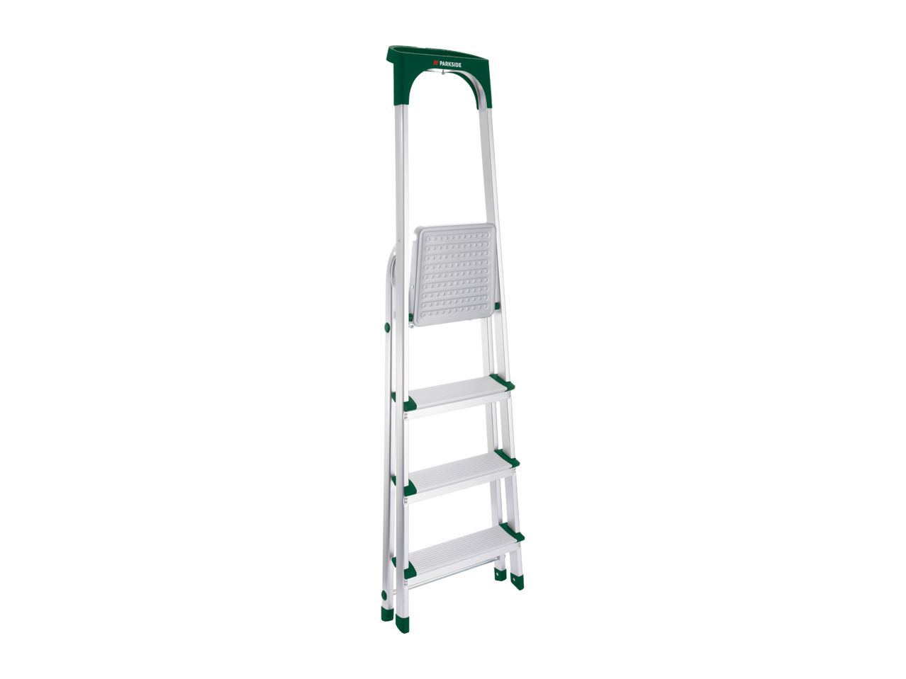 A silver and green Parkside step ladder with three steps and a top platform.