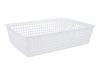 A white plastic storage basket with a grid pattern.