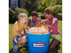 Kids filling Zuru Bunch O Balloons water balloons from a blue bucket in a sunny garden.