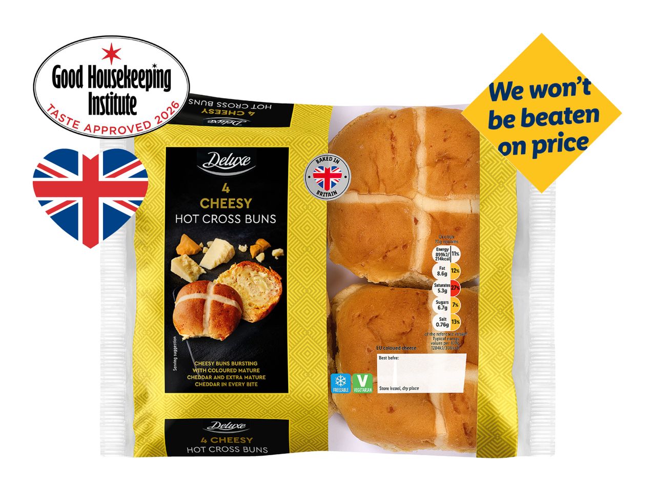 Packaging for four cheesy hot cross buns, with nutritional information and a 'Good Housekeeping Institute Taste Approved 2026' badge.
