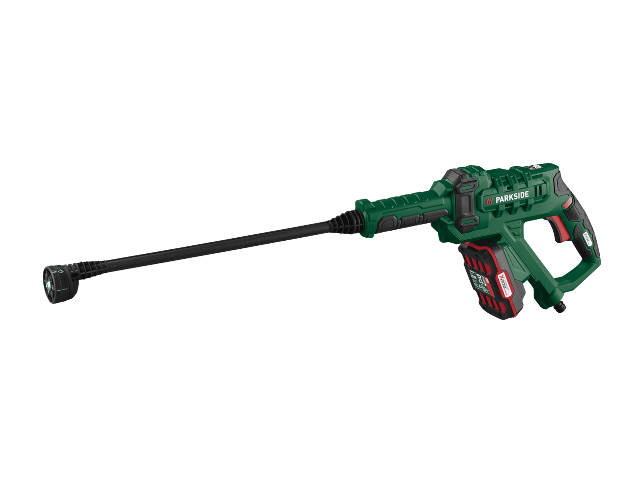 Akkukäyttöinen painepesuri, jossa on pitkä suutin ja punamusta akku.