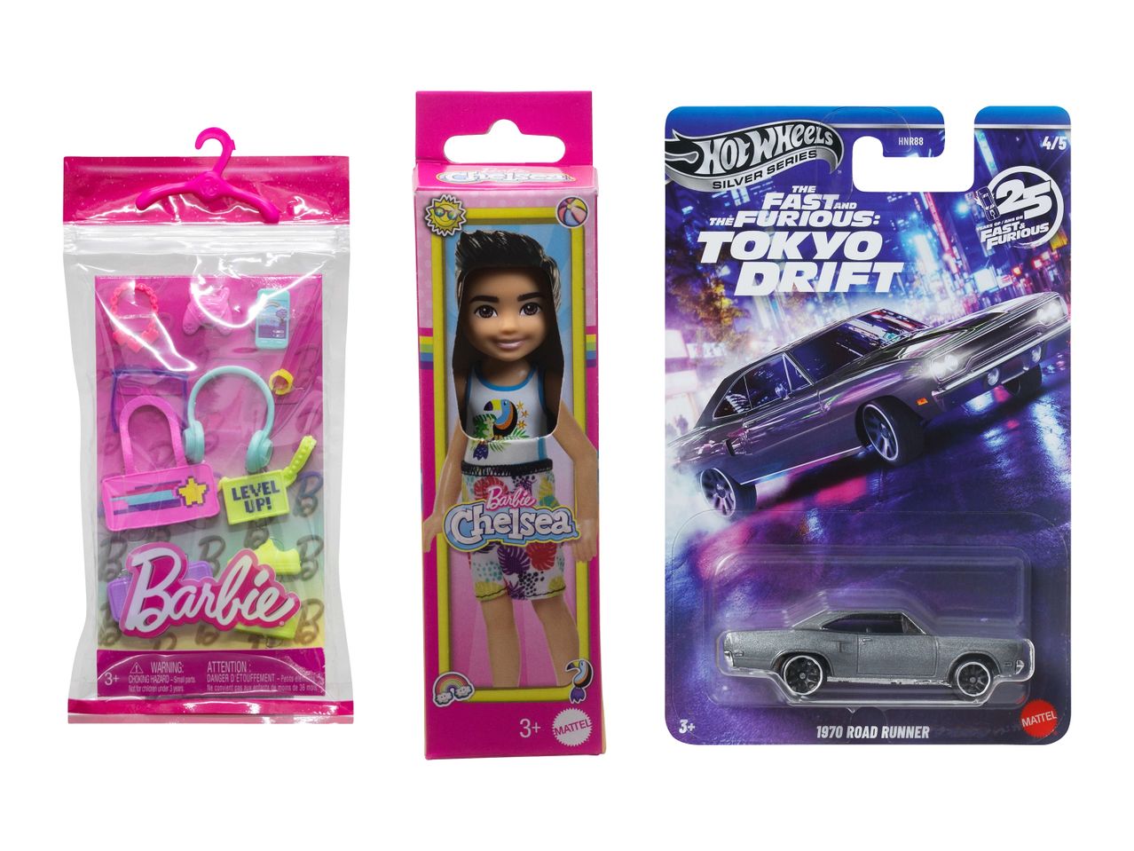 Spielzeugset mit Barbie-Zubehör, einer Chelsea-Puppe und einem Hot Wheels-Auto aus der Fast & Furious-Serie.