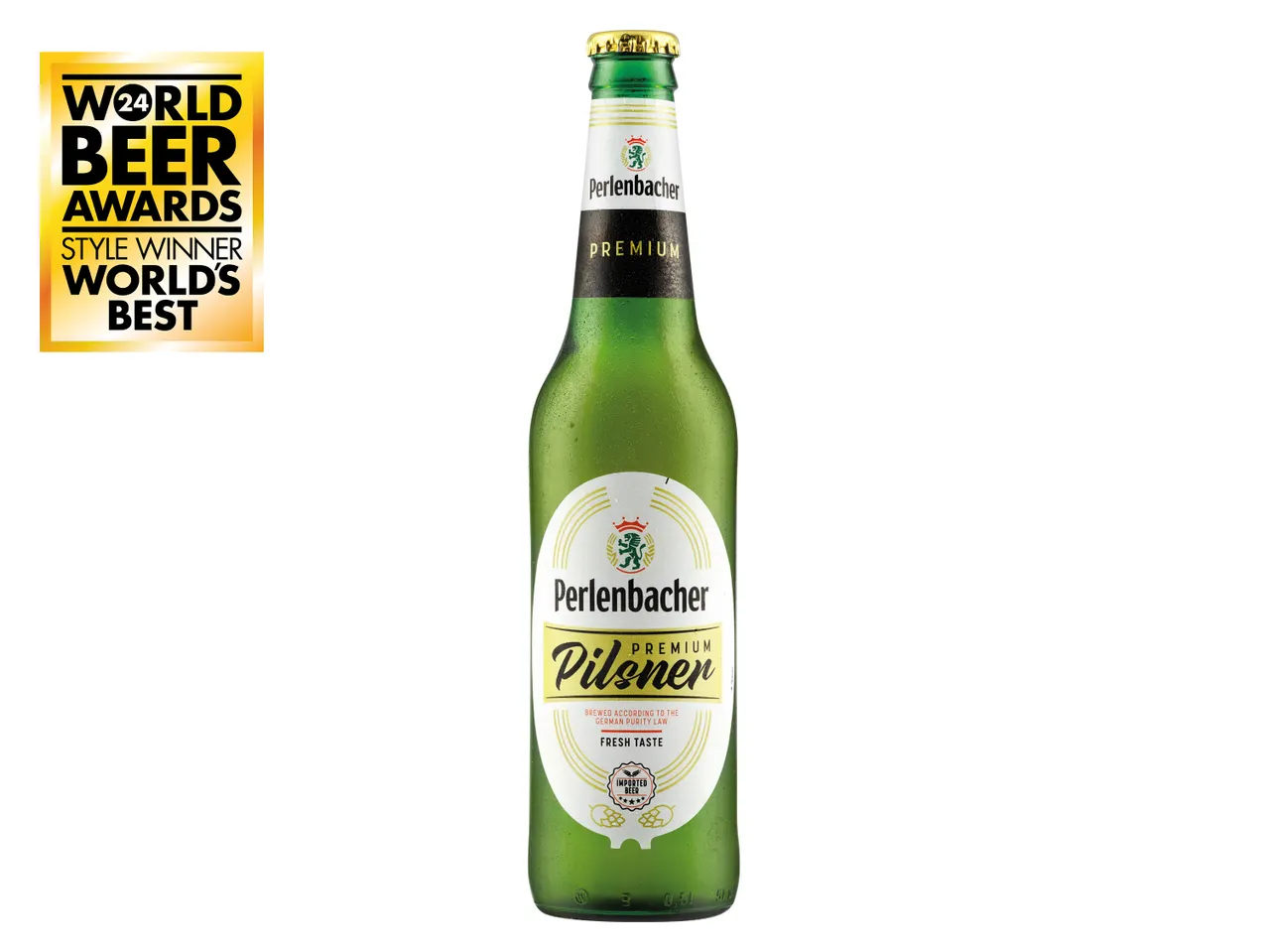 Perlenbacher Premium Pilsner bottle, award-winning beer.