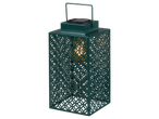 LIVARNO home LED Solar Lantern, dark green with an intricate geometric pattern, glowing warmly.