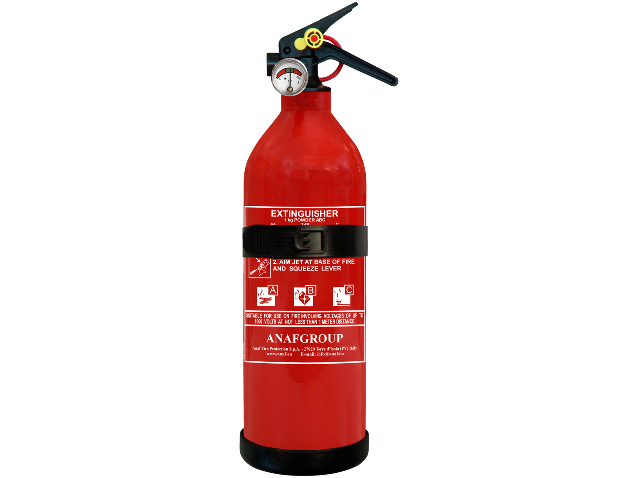 Red 1kg powder ABC fire extinguisher with pressure gauge and instructions.