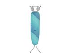 A Vileda wall-mounted ironing board with a teal and blue patterned cover.