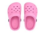 Pair of pink clogs with ventilation holes and a movable heel strap.