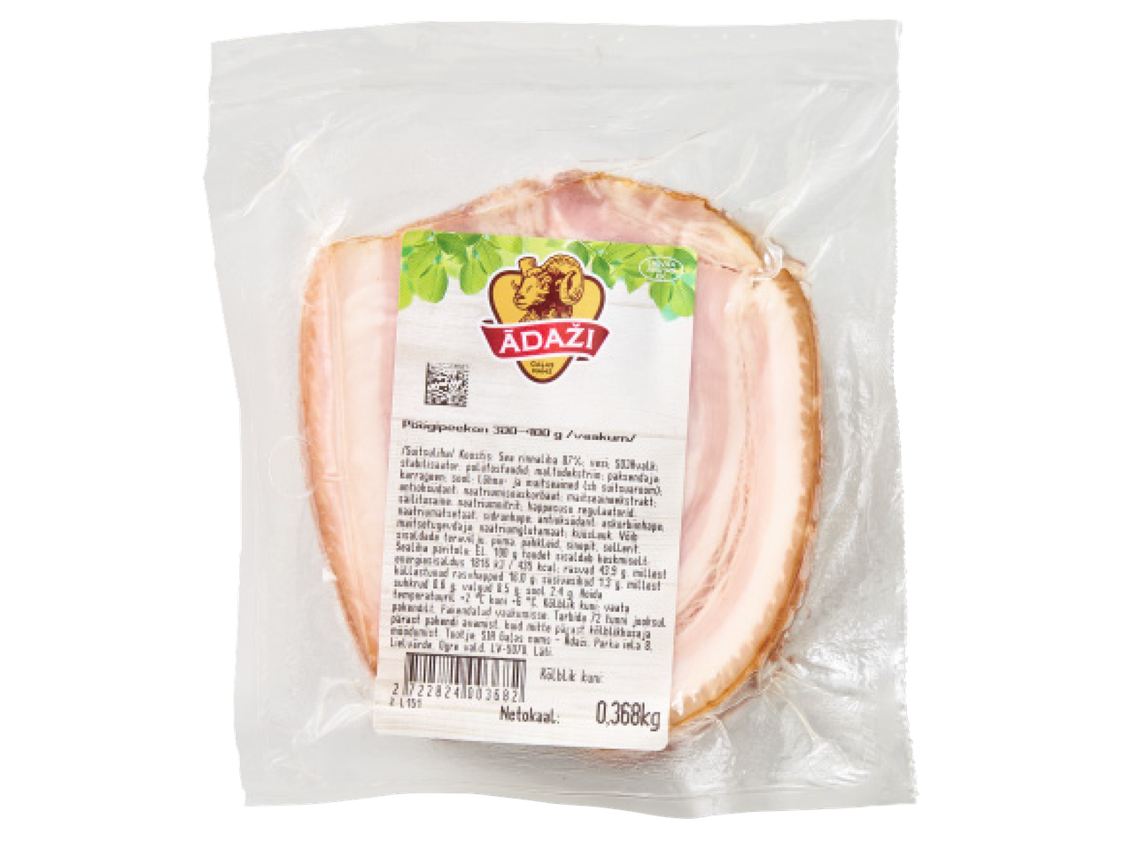 Pakendatud ĀDAŽI peekon kaaluga 0,368 kg.