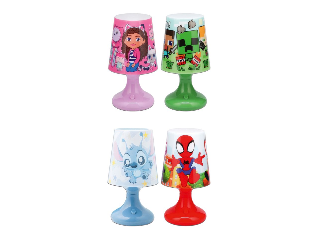 Vier Kinder-Nachttischlampen mit verschiedenen Motiven: Gabby's Dollhouse, Minecraft, Stitch und Spider-Man.